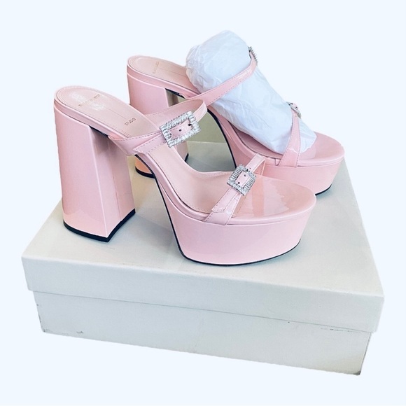 NEW Black Suede Studio Pink Patent Heels Elsie Platform Sandal Crystal Buckle 39 - Picture 4 of 11